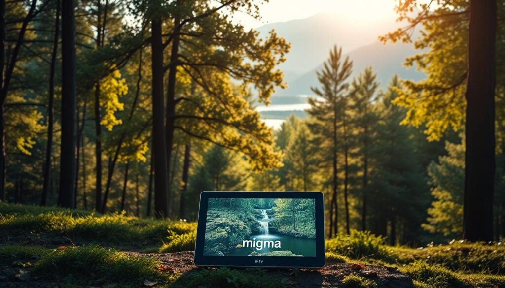 A serene forest setting depicting a modern digital scene representing IPTV services. In the foreground, a high-resolution smart TV with vibrant images of nature displayed on the screen, symbolizing streaming options. The middle ground features lush trees with dappled sunlight filtering through the foliage, creating a calm and inviting atmosphere. In the background, a subtle hint of a flowing river and distant mountains adds depth to the landscape. The lighting should be soft, mimicking golden hour, lending a warm and tranquil feel. Focus on a professional, sleek look while incorporating elements like a tablet showing the "nigma tv" interface, surrounded by natural beauty. The composition should convey innovation within nature, inviting viewers to explore the future of IPTV services.
