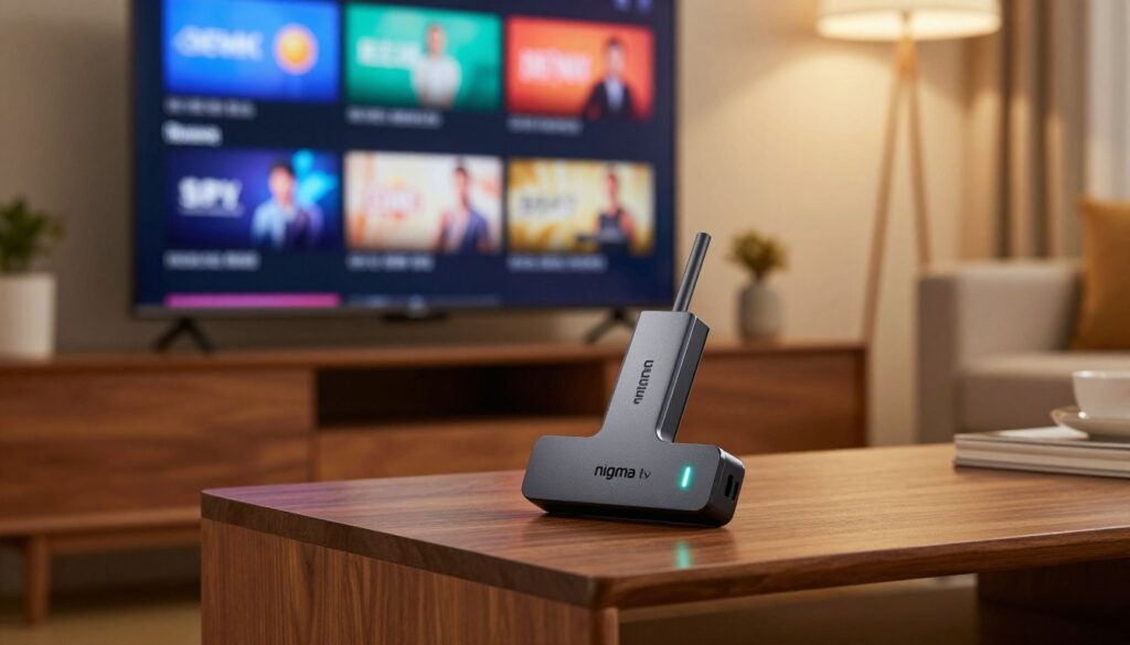 A sleek and modern IPTV Firestick prominently displayed in the foreground, showcasing its streamlined design and glowing indicator. The Firestick rests on a stylish wooden entertainment center, surrounded by a cozy living room atmosphere. In the middle ground, a high-definition television screen is visible, playing vibrant streaming content, enhancing the theme of optimized streaming. Soft, warm lighting creates an inviting ambiance, emphasizing the contrast between the device and the screen. The background features a comfortable sofa and subtle decorations, setting a relaxing mood for entertainment. Incorporate the brand name "nigma tv" subtly on the Firestick’s surface. The scene should be captured from a slightly angled perspective, emphasizing depth and engagement in the viewing space. A sleek and modern IPTV Firestick prominently displayed in the foreground, showcasing its streamlined design and glowing indicator. The Firestick rests on a stylish wooden entertainment center, surrounded by a cozy living room atmosphere. In the middle ground, a high-definition television screen is visible, playing vibrant streaming content, enhancing the theme of optimized streaming. Soft, warm lighting creates an inviting ambiance, emphasizing the contrast between the device and the screen. The background features a comfortable sofa and subtle decorations, setting a relaxing mood for entertainment. Incorporate the brand name "nigma tv" subtly on the Firestick’s surface. The scene should be captured from a slightly angled perspective, emphasizing depth and engagement in the viewing space.
