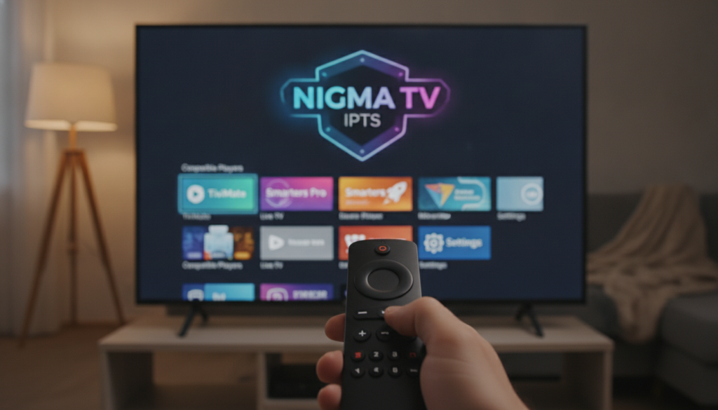 A sleek and modern IPTV app interface displayed on a Firestick home screen, showcasing the NIGMA TV IPTV logo prominently. The foreground features a close-up view of a TV remote control, with fingers poised to navigate through the app. In the middle, the Firestick interface exhibits colorful tiles representing compatibility with leading IPTV players like TiviMate and Smarters Pro, with vibrant graphics and an intuitive layout. The background is a cozy living room with soft, ambient lighting emphasizing a relaxed streaming atmosphere, captured from a slightly elevated angle. The scene conveys a sense of ease and accessibility, reflecting the smooth streaming experience that users can expect. The overall mood is inviting and tech-savvy, enticing viewers to explore the app’s capabilities. A sleek and modern IPTV app interface displayed on a Firestick home screen, showcasing the NIGMA TV IPTV logo prominently. The foreground features a close-up view of a TV remote control, with fingers poised to navigate through the app. In the middle, the Firestick interface exhibits colorful tiles representing compatibility with leading IPTV players like TiviMate and Smarters Pro, with vibrant graphics and an intuitive layout. The background is a cozy living room with soft, ambient lighting emphasizing a relaxed streaming atmosphere, captured from a slightly elevated angle. The scene conveys a sense of ease and accessibility, reflecting the smooth streaming experience that users can expect. The overall mood is inviting and tech-savvy, enticing viewers to explore the app’s capabilities.