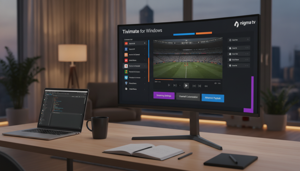 A sleek and modern desktop interface showcasing "Tivimate for Windows" with a focus on advanced features. In the foreground, a high-resolution monitor displays the Tivimate application with vibrant colors and intuitive controls, emphasizing options for streaming settings, a customizable channel list, and an advanced playback feature. In the middle ground, a stylish, clutter-free workspace with a minimalist laptop sits on a clean desk, accompanied by a stylish coffee mug and an open notepad, conveying productivity. The background features a softly lit room with warm ambient lighting, creating a comfortable and inviting atmosphere. The scene captures a professional yet casual mood, ideal for enhancing the viewing experience. Integrate the brand logo "nigma tv" subtly within the interface without being intrusive.