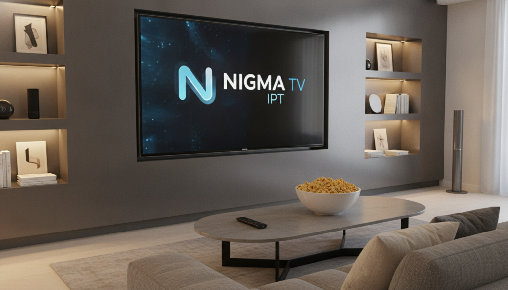 A sleek and modern digital living room featuring a large high-definition television displaying the logo "NIGMA TV IPTV" prominently on the screen. In the foreground, a stylish coffee table holds a remote control and a bowl of popcorn, hinting at a cozy night in. The middle layer shows a comfortable couch adorned with neutral-colored cushions, perfectly set for viewing. The background includes a softly lit wall with decorative shelves holding smart devices and magazines, creating an inviting atmosphere. The lighting is warm and ambient, casting a gentle glow throughout the room, enhancing the relaxing mood. The perspective is from a slight angle, providing depth and inviting the viewer into the scene, while ensuring the composition remains uncluttered and professional. A sleek and modern digital living room featuring a large high-definition television displaying the logo "NIGMA TV IPTV" prominently on the screen. In the foreground, a stylish coffee table holds a remote control and a bowl of popcorn, hinting at a cozy night in. The middle layer shows a comfortable couch adorned with neutral-colored cushions, perfectly set for viewing. The background includes a softly lit wall with decorative shelves holding smart devices and magazines, creating an inviting atmosphere. The lighting is warm and ambient, casting a gentle glow throughout the room, enhancing the relaxing mood. The perspective is from a slight angle, providing depth and inviting the viewer into the scene, while ensuring the composition remains uncluttered and professional.