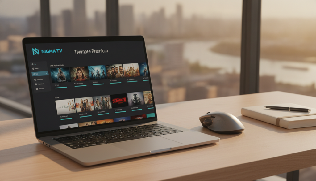 A sleek and modern digital workspace showcasing Tivimate Premium on a MacBook. In the foreground, a stylish MacBook displays the Tivimate Premium user interface, featuring vibrant thumbnails of TV shows and movies. The middle ground includes a clean desk setup with a high-quality mouse and a notepad, hinting at productivity and organization. The background features a softly blurred cityscape through a large window, with warm, natural light flooding the scene, creating an inviting atmosphere. This encapsulates the benefits of Tivimate Premium, emphasizing seamless streaming and user-friendly design. The overall mood is professional yet relaxed, perfect for a modern entertainment experience. The logo for "nigma tv" subtly integrates into the layout.