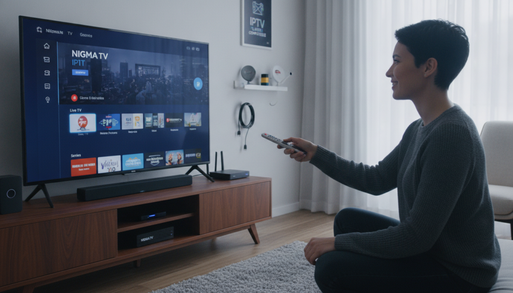 A sleek and modern living room setting, featuring a high-definition television displaying the NIGMA TV IPTV interface. In the foreground, a professional-looking person, dressed in smart casual clothing, is interacting with a remote control, showcasing a sense of engagement and enjoyment. In the middle, sleek media devices and a streaming box labeled "NIGMA TV" are neatly arranged on a contemporary entertainment center. The soft glow from the TV screen casts a warm light across the space, enhancing the inviting atmosphere. In the background, shelves filled with IPTV-related accessories and a window letting in natural light create a cozy environment. The overall ambiance conveys a sense of cutting-edge technology and compatibility with popular IPTV players while maintaining a relaxed and enjoyable streaming experience. A sleek and modern living room setting, featuring a high-definition television displaying the NIGMA TV IPTV interface. In the foreground, a professional-looking person, dressed in smart casual clothing, is interacting with a remote control, showcasing a sense of engagement and enjoyment. In the middle, sleek media devices and a streaming box labeled "NIGMA TV" are neatly arranged on a contemporary entertainment center. The soft glow from the TV screen casts a warm light across the space, enhancing the inviting atmosphere. In the background, shelves filled with IPTV-related accessories and a window letting in natural light create a cozy environment. The overall ambiance conveys a sense of cutting-edge technology and compatibility with popular IPTV players while maintaining a relaxed and enjoyable streaming experience.