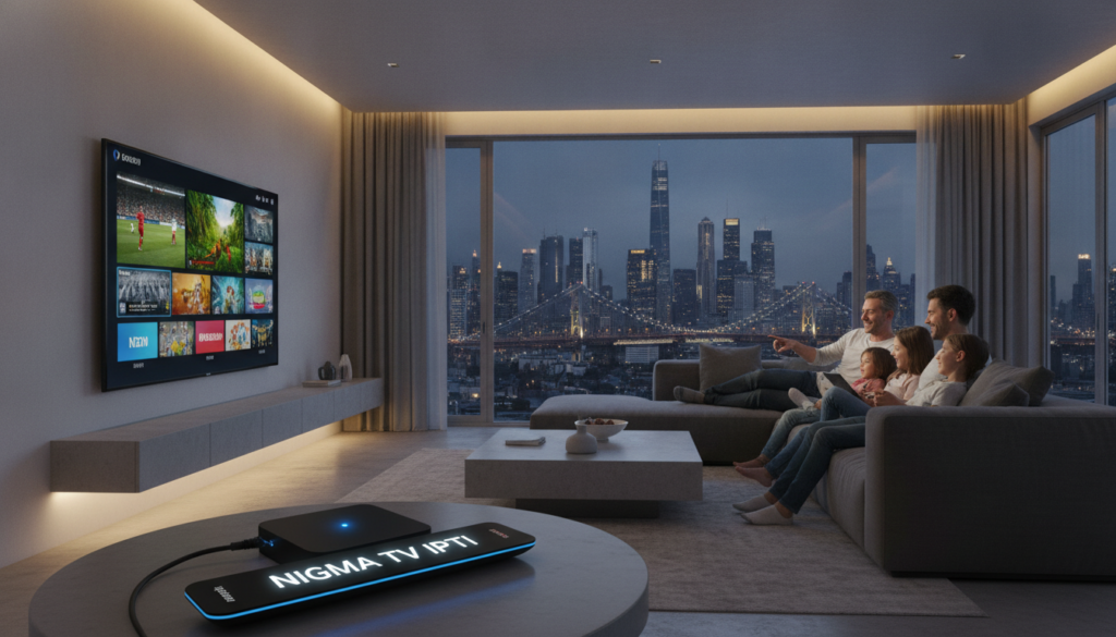 A sleek and modern living room setting featuring a large ultra-high-definition TV displaying vibrant IPTV channels. The foreground showcases a stylish coffee table with tech gadgets like a streaming device and a remote control labeled "NIGMA TV IPTV." In the middle ground, a comfortable couch with a family enjoying live TV reflects joy and engagement. The background highlights a city skyline visible through a large window, suggesting connectivity and reliability. Soft, warm lighting creates an inviting atmosphere while maintaining focus on minimal buffering and stable server performance. The image captures the essence of enjoying seamless live TV, with a sense of comfort and modern technology. A sleek and modern living room setting featuring a large ultra-high-definition TV displaying vibrant IPTV channels. The foreground showcases a stylish coffee table with tech gadgets like a streaming device and a remote control labeled "NIGMA TV IPTV." In the middle ground, a comfortable couch with a family enjoying live TV reflects joy and engagement. The background highlights a city skyline visible through a large window, suggesting connectivity and reliability. Soft, warm lighting creates an inviting atmosphere while maintaining focus on minimal buffering and stable server performance. The image captures the essence of enjoying seamless live TV, with a sense of comfort and modern technology.
