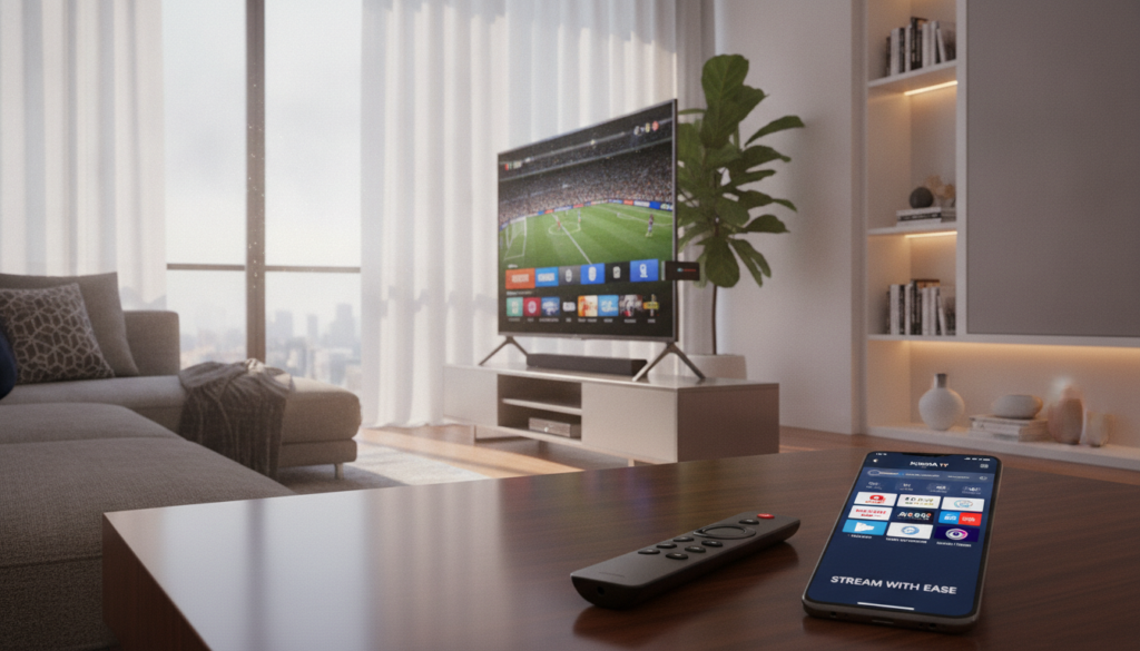 A sleek living room setting showcasing a modern entertainment setup with an Amazon Firestick plugged into a stylish TV. The foreground features a remote control and a smartphone displaying the NIGMA TV IPTV interface, highlighting its intuitive design and ease of use. In the middle ground, soft ambient lighting enhances the cozy atmosphere, with a comfortable couch and decorative elements like plants and bookshelves. In the background, a window allows natural light to filter in, creating a warm and inviting mood. The image should capture a sense of innovation and convenience associated with streaming IPTV on Firestick, emphasizing its technical advantages with clear visual appeal. Focus on sharp details and vibrant colors for high-quality presentation. A sleek living room setting showcasing a modern entertainment setup with an Amazon Firestick plugged into a stylish TV. The foreground features a remote control and a smartphone displaying the NIGMA TV IPTV interface, highlighting its intuitive design and ease of use. In the middle ground, soft ambient lighting enhances the cozy atmosphere, with a comfortable couch and decorative elements like plants and bookshelves. In the background, a window allows natural light to filter in, creating a warm and inviting mood. The image should capture a sense of innovation and convenience associated with streaming IPTV on Firestick, emphasizing its technical advantages with clear visual appeal. Focus on sharp details and vibrant colors for high-quality presentation.