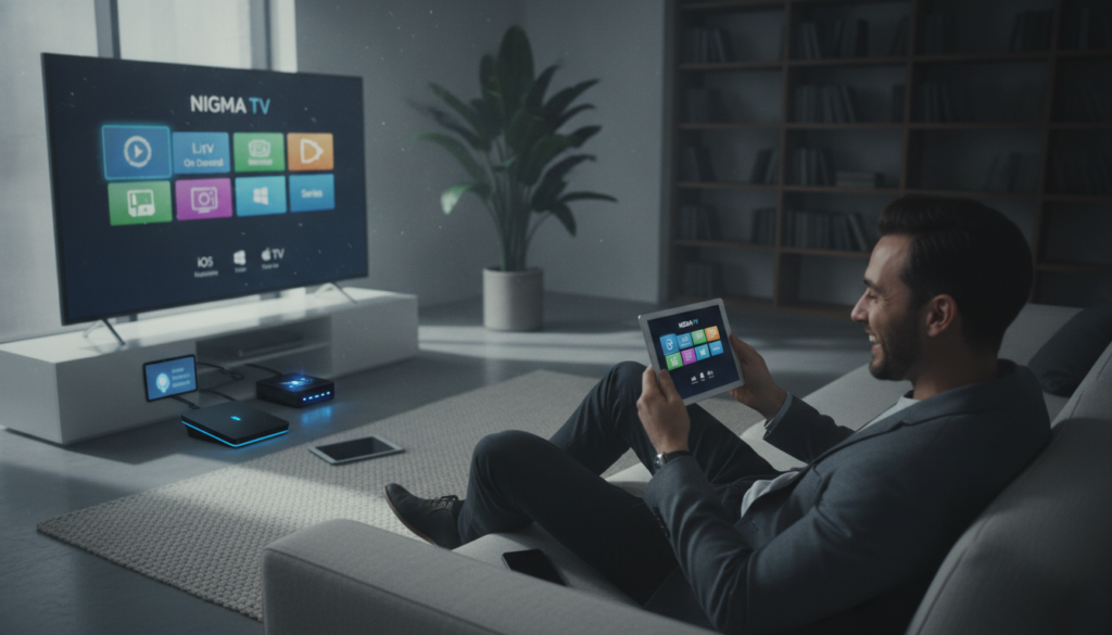 A sleek living room space showcasing a modern flat-screen TV displaying the NIGMA TV IPTV interface, surrounded by various smart devices such as smartphones, tablets, and a streaming device. In the foreground, a well-dressed person, using a tablet with a delighted expression, is casually seated on a stylish couch. The middle ground features the TV with vibrant, easy-to-navigate menus and compatibility icons for various devices, demonstrating user-friendly technology. Soft, natural light filters through a nearby window, creating a warm atmosphere, while a cozy rug underfoot adds texture. The background is blurred, hinting at bookshelves and plants, emphasizing the modern and inviting environment. The image should evoke a sense of compatibility and ease of use. A sleek living room space showcasing a modern flat-screen TV displaying the NIGMA TV IPTV interface, surrounded by various smart devices such as smartphones, tablets, and a streaming device. In the foreground, a well-dressed person, using a tablet with a delighted expression, is casually seated on a stylish couch. The middle ground features the TV with vibrant, easy-to-navigate menus and compatibility icons for various devices, demonstrating user-friendly technology. Soft, natural light filters through a nearby window, creating a warm atmosphere, while a cozy rug underfoot adds texture. The background is blurred, hinting at bookshelves and plants, emphasizing the modern and inviting environment. The image should evoke a sense of compatibility and ease of use.