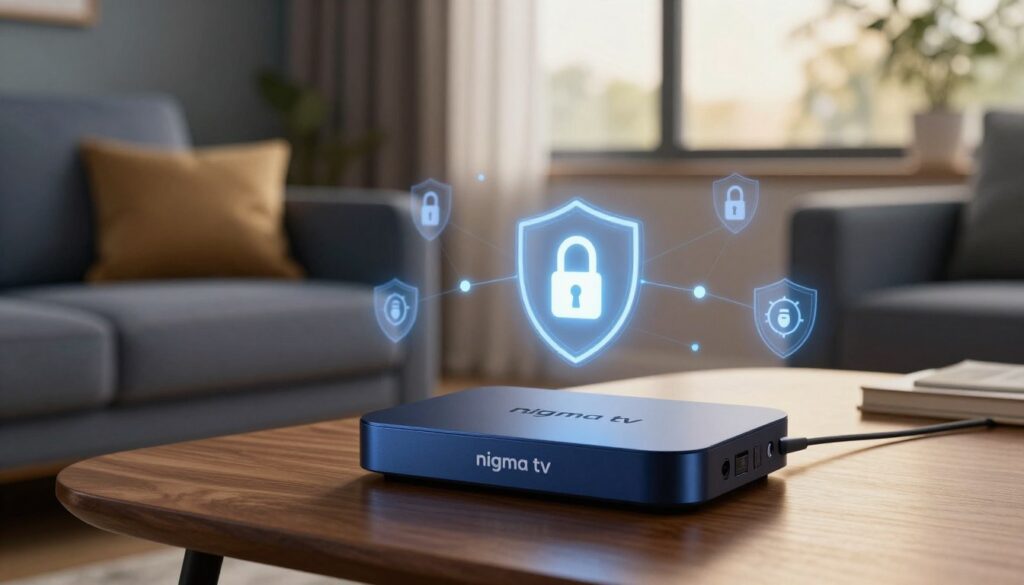 A sleek, modern IPTV box, branded with "nigma tv," prominently displayed in the foreground on a polished wooden table. Surrounding it are subtle visual elements symbolizing security and privacy, such as a digital lock, shield icons, and a glowing secure connection symbol. In the middle ground, a soft focus of a serene living room setting, complete with cozy furniture and ambient lighting, conveying a safe and inviting atmosphere. The background features a blurred window view, hinting at privacy from the outside world while allowing warm, natural light to filter in. The overall mood is calm and reassuring, with a sophisticated color palette of deep blues and muted golds, emphasizing the importance of security and privacy in the digital age.