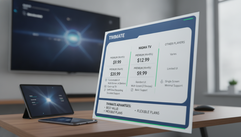 A sleek, modern comparison chart showcasing Tivimate's pricing and features alongside competitors like Nigma TV, set against a clean, professional workspace background. The foreground features an elegant, simplified infographic with clearly delineated sections highlighting pricing tiers, unique features, and advantages of Tivimate versus other IPTV players. The middle layer includes subtle graphical elements like icons representing different features, such as user interface, multi-screen capability, and customer support. The background displays blurred outlines of electronic devices like TVs and tablets, hinting at a tech-savvy atmosphere. Soft, ambient lighting enhances the professional mood, while a slight tilt angle gives a dynamic perspective, creating an engaging visual for the article section.