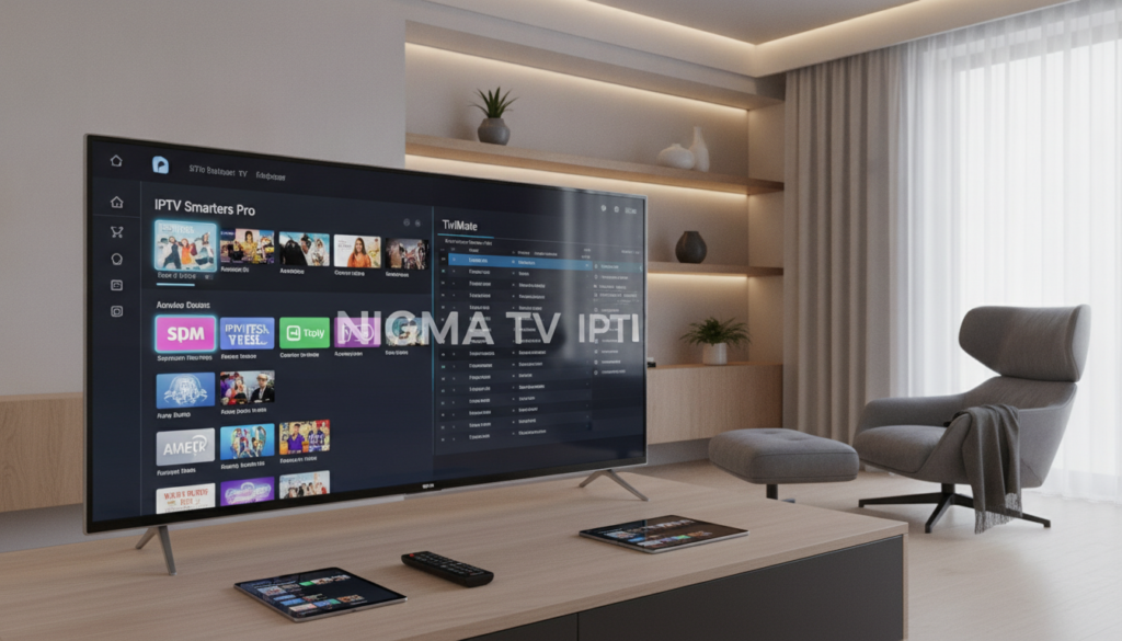 A sleek, modern digital workspace showcasing the compatibility of IPTV Smarters Pro and TiviMate. In the foreground, a high-resolution smart TV displays the interface of both IPTV applications side by side, illustrating their seamless integration. On a stylish wooden table, a remote control and tablet hint at user-friendly navigation. The middle ground features a comfortable lounge chair, adding to the homey yet high-tech atmosphere. The background shows soft ambient lighting, with a minimalist home decor style emphasizing a relaxed yet professional vibe. A subtle reflection of the brand name "NIGMA TV IPTV" is incorporated on the TV screen. The image captures a mood of reliability and ease of use, inviting viewers to enjoy their streaming experience.