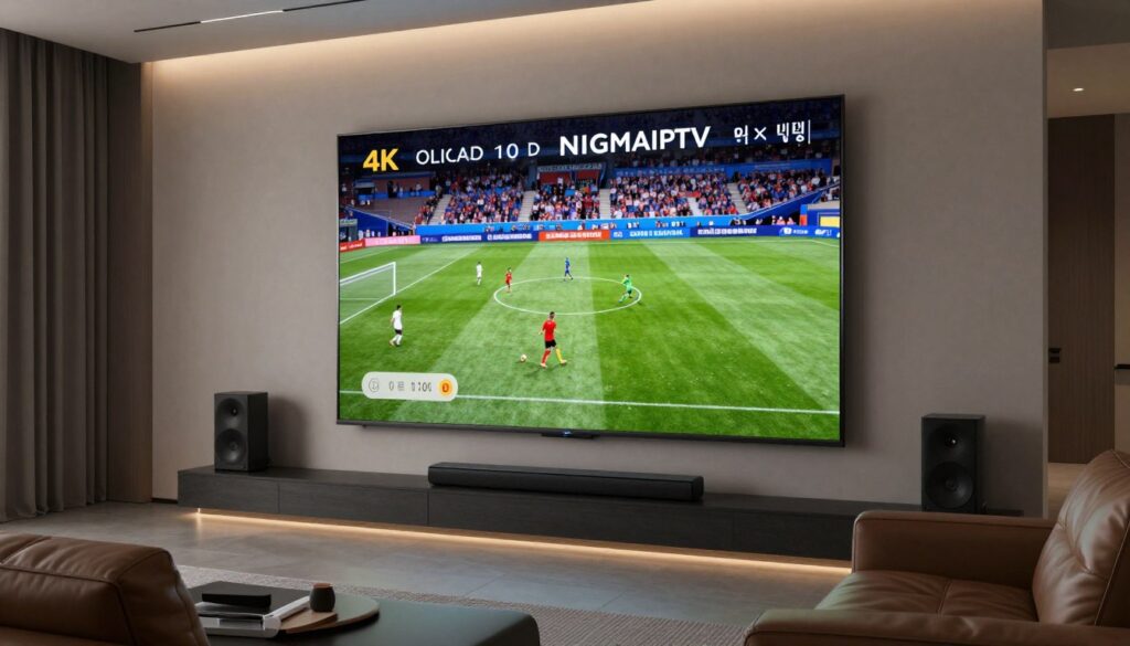 A sleek, modern home cinema setup with a large OLED TV displaying a vibrant 4K interface of NIGMAIPTV. The room has soft ambient lighting, a high-end soundbar, and a comfortable leather sofa. On the screen, a high-action soccer match is playing with crystal-clear detail.