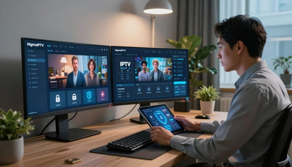 A sleek modern home office environment showcasing the concept of IPTV in 2027. In the foreground, a high-tech, multi-screen setup displaying encrypted data streams and user-friendly IPTV interface icons. Tactile elements like security locks and digital shields symbolize enhanced security protocols. In the middle ground, a data analyst in professional business attire attentively monitors the screens, using a tablet to manage settings. Soft, focused lighting highlights the screens and creates a warm ambiance, while background elements include contemporary decor with soft blues and greens, promoting a sense of privacy and security. The overall mood is futuristic yet approachable, emphasizing the safety and user-centered design of NigmaIPTV's service in 2027.
