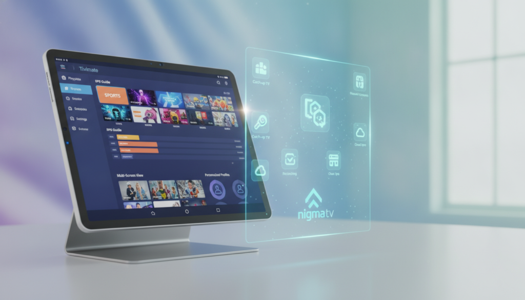 A sleek, modern interface showcasing the advanced features of Tivimate for IPTV, with a focus on customization options. In the foreground, a high-resolution tablet displaying the Tivimate app, its colorful user interface elements like customizable playlists and EPG guides visible. The middle ground features icons representing advanced functionality like multi-screen options and personalized settings, rendered in a clean, tech-inspired design. The background contains a soft gradient, highlighting the app’s versatility, complemented by subtle glows around the app elements to evoke a futuristic feel. The lighting is bright and inviting, simulating a well-lit tech workspace. The mood is professional and innovative, inviting exploration. The brand name "nigma tv" subtly integrated into the design, ensuring a polished appearance without text overlays. A sleek, modern interface showcasing the advanced features of Tivimate for IPTV, with a focus on customization options. In the foreground, a high-resolution tablet displaying the Tivimate app, its colorful user interface elements like customizable playlists and EPG guides visible. The middle ground features icons representing advanced functionality like multi-screen options and personalized settings, rendered in a clean, tech-inspired design. The background contains a soft gradient, highlighting the app’s versatility, complemented by subtle glows around the app elements to evoke a futuristic feel. The lighting is bright and inviting, simulating a well-lit tech workspace. The mood is professional and innovative, inviting exploration. The brand name "nigma tv" subtly integrated into the design, ensuring a polished appearance without text overlays.
