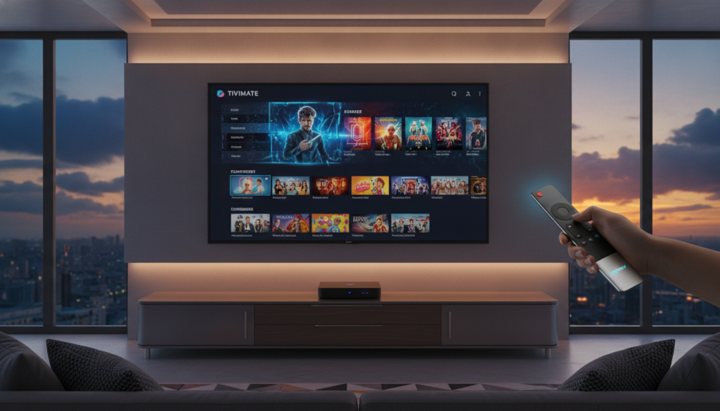 A sleek, modern living room featuring a Tivimate Onn 4K Plus streaming device prominently displayed on a stylish media console. In the foreground, a user interacts with a high-tech universal remote, illustrating a seamless browsing experience. The middle layer showcases a large 4K TV displaying an intuitive streaming interface, glowing with vibrant colors. Soft ambient lighting fills the room, highlighting the cozy atmosphere, while large windows in the background reveal a dusk sky, casting a warm glow. The scene conveys a sense of comfort and sophistication, inviting viewers to explore enhanced entertainment options. The brand name "nigma tv" is subtly incorporated into the remote design, ensuring brand recognition without overpowering the overall composition.
