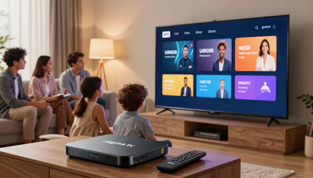 A sleek, modern living room featuring a large flat-screen TV showcasing various IPTV operating system interfaces, emphasizing user-friendly navigation and vibrant colors. The foreground includes a stylish IPTV box branded "nigma tv" with a remote control nearby, symbolizing cutting-edge technology for streaming. In the middle, present a diverse group of people in professional attire, intently exploring the user interface options on the screen, reflecting engagement and satisfaction. The background showcases a cozy setting with soft ambient lighting, creating a warm atmosphere conducive to entertainment. The overall mood is dynamic yet inviting, highlighting a seamless blend of technology and user experience. Use a slightly elevated angle for a comprehensive view, portraying a perfect family or group entertainment scenario.