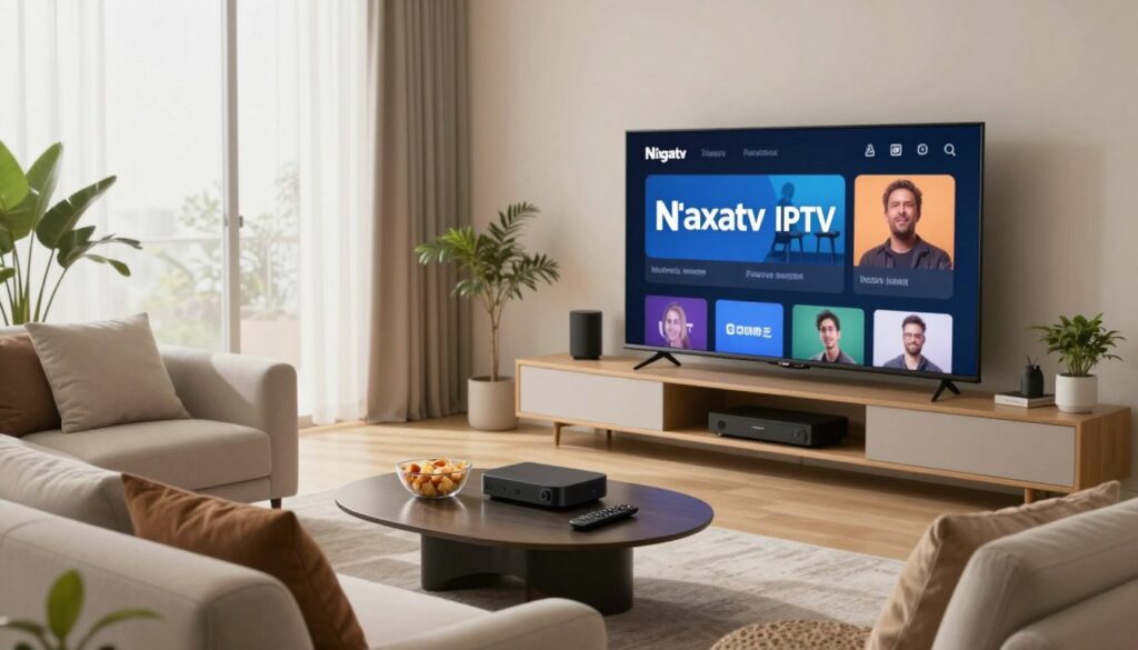 A sleek modern living room featuring a large flat-screen TV showing the Nigma TV interface, with the Naxatv IPTV logo subtly integrated into the design. In the foreground, a comfortable sofa adorned with cushions and a stylish coffee table, possibly with snacks and a remote control nearby, inviting viewers to sit back and enjoy streaming. The middle of the room includes a well-placed shelving unit displaying streaming devices and a few decorative elements like potted plants. In the background, large windows allow soft, natural light to fill the space, creating a warm and welcoming atmosphere. The overall mood is relaxed and inviting, ideal for enjoying home entertainment. The image has a slight depth of field effect, focusing on the foreground while gently blurring the background.
