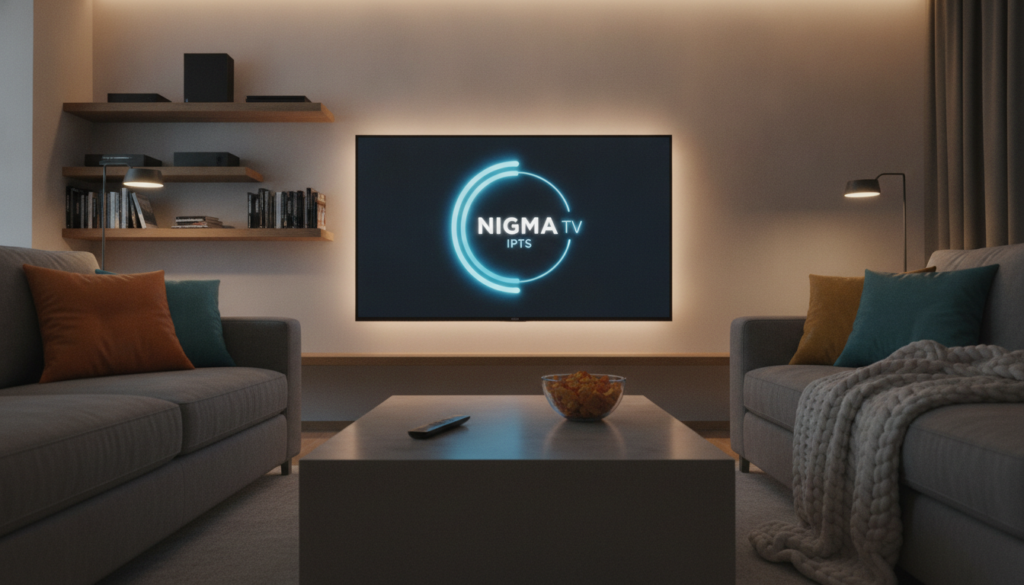 A sleek, modern living room setting illuminated by soft, ambient lighting, featuring a high-definition television displaying the logo "NIGMA TV IPTV". In the foreground, a stylish coffee table with a remote control and a bowl of snacks. In the middle, a comfortable sofa adorned with vibrant cushions and a decorative throw, evoking a cozy viewing atmosphere. The background showcases shelves with streaming devices and books, emphasizing a tech-savvy environment. The scene captures a warm, inviting mood, suggesting relaxation and entertainment. A low-angle perspective adds depth, highlighting the clarity of the TV display. The overall ambiance reflects sophistication and modernity, perfect for illustrating the technical advantages of Nigma IPTV.