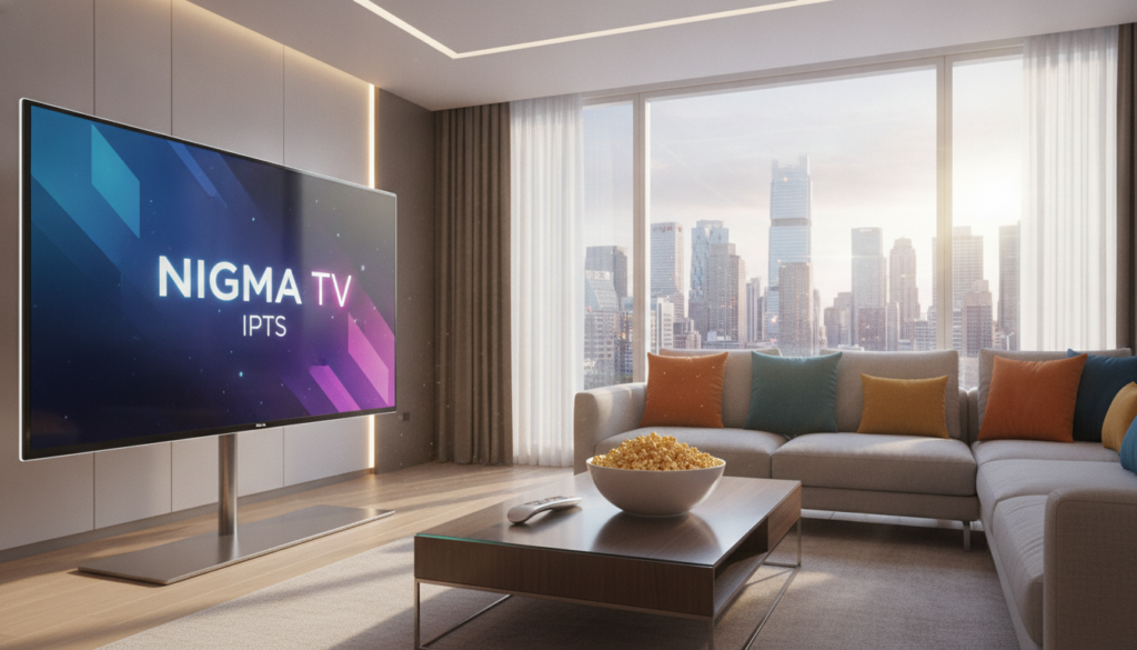 A sleek, modern living room setting showcasing a large flat-screen TV displaying vibrant streaming content, with the logo "NIGMA TV IPTV" prominently featured on the screen. In the foreground, a stylish coffee table holds a remote control and a bowl of popcorn, suggesting an inviting viewing experience. In the middle, a comfortable sofa with minimalistic design is adorned with colorful cushions, reflecting a contemporary aesthetic. The background features a large window allowing natural light to flood the room, creating a warm and inviting atmosphere. Soft ambient lighting highlights the modern decor, while a distant view of a city skyline adds an urban touch. The overall mood is relaxed and engaging, embodying the excitement and future potential of IPTV services. ALT for SEO: Modern living room with large TV displaying NIGMA TV IPTV.