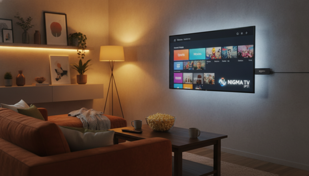 A sleek, modern living room setting showcasing a large television displaying vibrant IPTV service content. In the foreground, a stylish Amazon Fire Stick is prominently featured plugged into the TV, with the logo "NIGMA TV IPTV" visible on the screen. The middle ground includes a cozy sofa and a coffee table with popcorn and a remote control, creating a relaxed viewing atmosphere. The background captures a warm, inviting ambiance with soft ambient lighting, emphasizing a comfortable home entertainment environment. The scene should convey an engaging and enjoyable streaming experience, with an inviting color palette of warm tones. Use a slight overhead angle to capture the layout effectively, ensuring sharp focus and high-quality image clarity. A sleek, modern living room setting showcasing a large television displaying vibrant IPTV service content. In the foreground, a stylish Amazon Fire Stick is prominently featured plugged into the TV, with the logo "NIGMA TV IPTV" visible on the screen. The middle ground includes a cozy sofa and a coffee table with popcorn and a remote control, creating a relaxed viewing atmosphere. The background captures a warm, inviting ambiance with soft ambient lighting, emphasizing a comfortable home entertainment environment. The scene should convey an engaging and enjoyable streaming experience, with an inviting color palette of warm tones. Use a slight overhead angle to capture the layout effectively, ensuring sharp focus and high-quality image clarity.