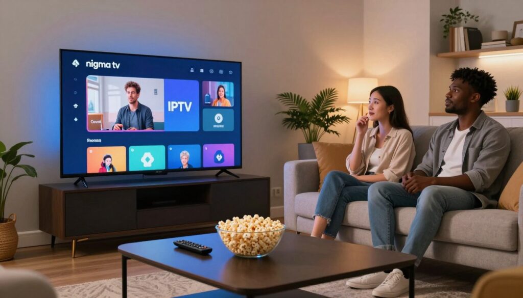 A sleek, modern living room with a high-definition television displaying a vibrant interface of an IPTV service, branded with the logo "nigma tv." In the foreground, a stylish coffee table with a remote and a bowl of popcorn, suggesting a cozy streaming experience. In the middle, a comfortable sofa with a couple of diverse viewers—one Asian, one Black, both in casual yet tidy clothing—intently watching the TV. The background features a well-lit room with decorative elements like plants and bookshelves, creating a warm, inviting atmosphere. Soft, ambient lighting highlights the excitement of viewing entertainment at home, capturing a mood of relaxation and modern technology, viewed from a slightly angled perspective to emphasize the TV and the engaged viewers.