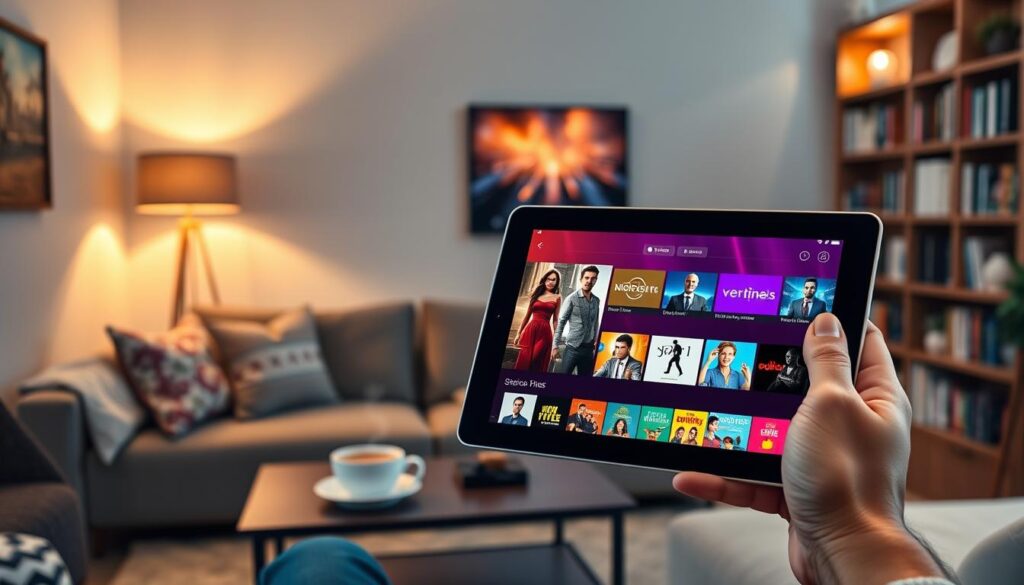 A sleek, modern user interface design for "nigma tv" is displayed on a digital tablet held by a user in a cozy living room setting. In the foreground, the tablet’s screen glows softly, showcasing an intuitive streaming platform with vibrant, colorful thumbnails of TV shows and movies. In the middle ground, a comfortable sofa with decorative cushions invites relaxation, while a stylish coffee table holds a steaming cup of coffee. The background features a warm, inviting ambiance with soft lighting and a bookshelf filled with entertainment options. The scene captures a sense of user-friendly technology, comfort, and a contemporary lifestyle, embodying the essence of a seamless user experience on "nigma tv". The mood is relaxed yet engaging, emphasizing the joy of discovering new content.