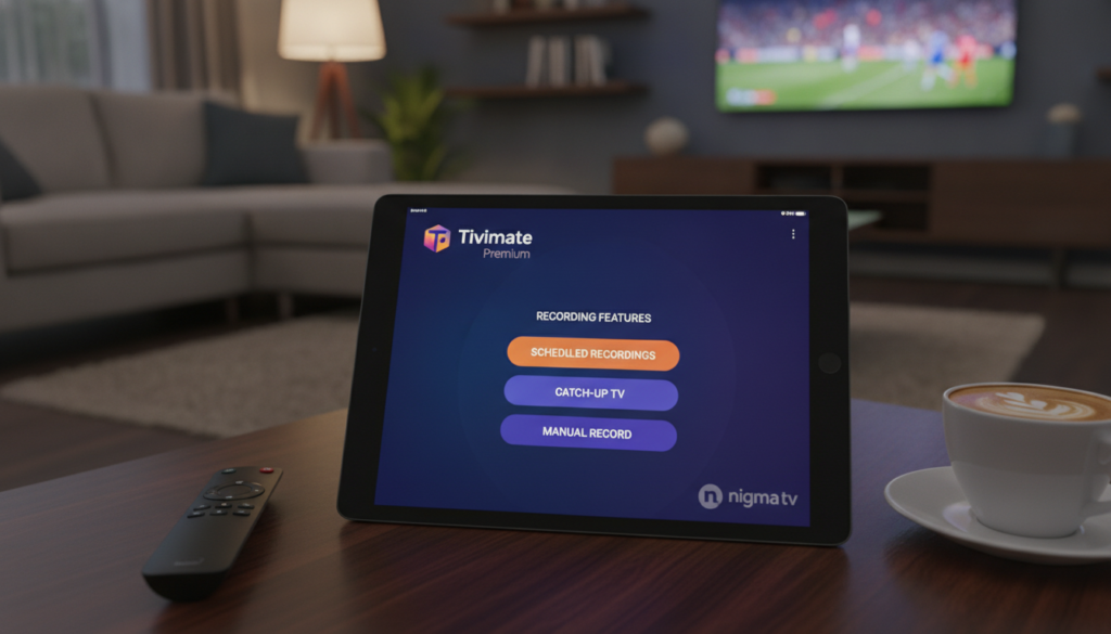 A sleek user interface of "Tivimate Premium" showcasing its recording features on an Android device, placed prominently in the foreground. The screen displays an intuitive recording menu with vibrant visuals that highlight options like scheduled recordings and catch-up functionality. In the middle, a tablet rests on a stylish surface, surrounded by subtle elements like remote controls and coffee cups, suggesting a cozy viewing environment. The background features a dimly lit living room with soft, ambient lighting, creating an inviting atmosphere for watching live TV. Use a slightly angled top-down perspective to enhance the user's interaction with the app interface. Include the brand logo “nigma tv” subtly integrated into the tablet screen to promote brand recognition while ensuring the overall image conveys modern technology and ease of use.