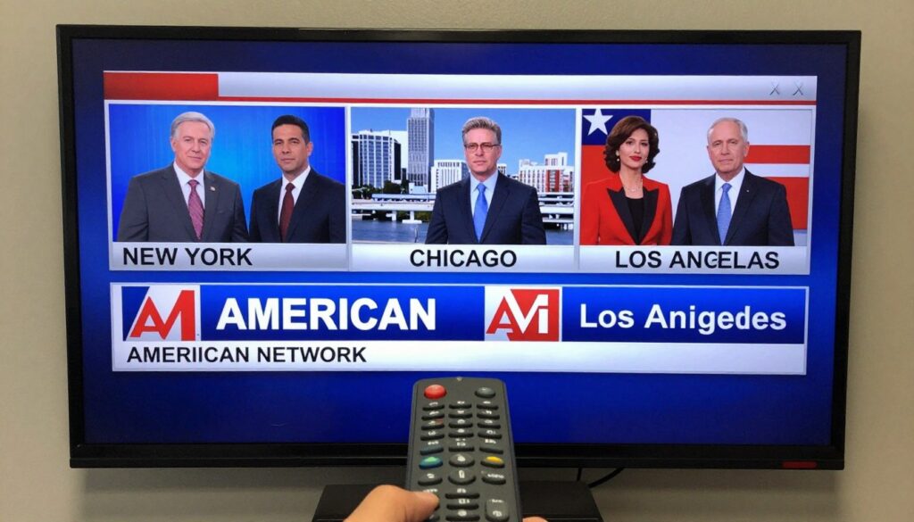 A split-screen TV showing local news from New York, Chicago, and Los Angeles simultaneously. The interface is clean and simple, with a focus on local American network logos. A remote control points toward the screen.