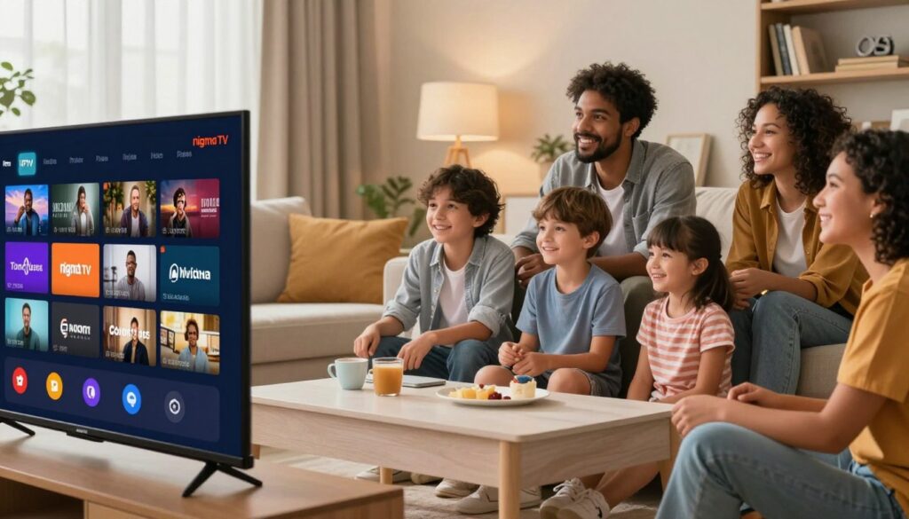 A vibrant and engaging image depicting the essence of Nigma TV as the top-rated IPTV provider in the USA. In the foreground, showcase a sleek, modern television displaying a colorful interface with diverse channels, symbolizing entertainment variety. The middle ground should feature a professional, diverse family enjoying content on the TV, dressed in casual but neat attire, representing a wide demographic of satisfied users. In the background, create a cozy living room setting with soft lighting and a warm atmosphere, emphasizing comfort and family bonding over digital entertainment. Use a wide-angle perspective to capture the inviting ambiance, ensuring the focus remains on the joy of IPTV viewing with Nigma TV branding subtly integrated into the scene.