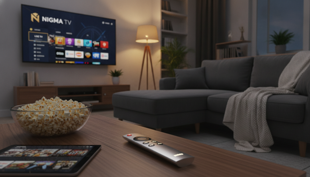 A vibrant living room setting featuring a modern TV displaying the interface of NIGMA TV IPTV on a Firestick device. In the foreground, include a sleek remote control with various buttons highlighted, symbolizing user interaction. The middle ground showcases a comfortable sofa with a cozy blanket draped across it, alongside a small coffee table with popcorn and a tablet for additional streaming options. In the background, soft lighting creates a relaxed atmosphere, with a stylish lamp casting a warm glow. Use a slightly elevated angle to capture the inviting scene while maintaining a focus on the TV interface, embodying an enjoyable streaming experience. The overall mood is casual and inviting, perfect for family entertainment and optimizing experience with IPTV apps. A vibrant living room setting featuring a modern TV displaying the interface of NIGMA TV IPTV on a Firestick device. In the foreground, include a sleek remote control with various buttons highlighted, symbolizing user interaction. The middle ground showcases a comfortable sofa with a cozy blanket draped across it, alongside a small coffee table with popcorn and a tablet for additional streaming options. In the background, soft lighting creates a relaxed atmosphere, with a stylish lamp casting a warm glow. Use a slightly elevated angle to capture the inviting scene while maintaining a focus on the TV interface, embodying an enjoyable streaming experience. The overall mood is casual and inviting, perfect for family entertainment and optimizing experience with IPTV apps.