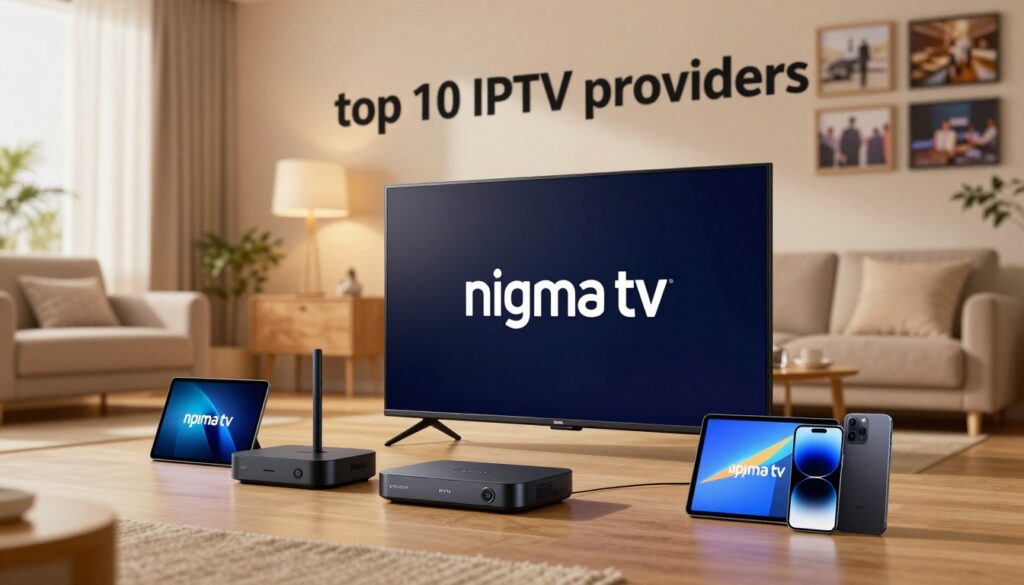A visually captivating illustration showcasing the "top 10 IPTV providers," with a strong emphasis on "Apollo Group TV." In the foreground, display a modern, sleek television set featuring the logo of "nigma tv" prominently on the screen. Surround the TV with an array of diverse IPTV devices like streaming boxes, tablets, and smartphones, all elegantly arranged. In the middle ground, include a well-lit living room environment with contemporary furniture, a cozy vibe enhanced by warm lighting. In the background, hint at a wall decorated with framed images of IPTV channels. The mood should convey innovation and modernity, creating a welcoming atmosphere for tech-savvy viewers. Use a slightly angled perspective to draw viewers into the scene, emphasizing clarity and detail. No text or logos other than "nigma tv." A visually captivating illustration showcasing the "top 10 IPTV providers," with a strong emphasis on "Apollo Group TV." In the foreground, display a modern, sleek television set featuring the logo of "nigma tv" prominently on the screen. Surround the TV with an array of diverse IPTV devices like streaming boxes, tablets, and smartphones, all elegantly arranged. In the middle ground, include a well-lit living room environment with contemporary furniture, a cozy vibe enhanced by warm lighting. In the background, hint at a wall decorated with framed images of IPTV channels. The mood should convey innovation and modernity, creating a welcoming atmosphere for tech-savvy viewers. Use a slightly angled perspective to draw viewers into the scene, emphasizing clarity and detail. No text or logos other than "nigma tv."