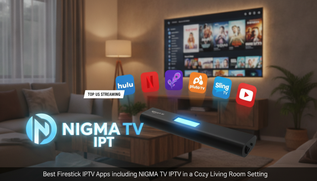A visually engaging and informative composition illustrating the compatibility of the best Firestick IPTV apps for streaming in the US, specifically showcasing the NIGMA TV IPTV logo prominently in the foreground. In the middle, display a sleek Amazon Firestick device with a glowing interface, surrounded by recognizable IPTV app icons arranged aesthetically. The background features a cozy living room setting with a modern TV displaying an enticing streaming interface, bathed in warm, ambient lighting for a relaxing atmosphere. The scene is viewed from a slightly elevated angle, emphasizing the device and apps while creating a welcoming, tech-savvy vibe. Aim for a balanced composition that conveys innovation and seamless entertainment. ALT text for SEO: "Best Firestick IPTV Apps including NIGMA TV IPTV in a Cozy Living Room Setting." A visually engaging and informative composition illustrating the compatibility of the best Firestick IPTV apps for streaming in the US, specifically showcasing the NIGMA TV IPTV logo prominently in the foreground. In the middle, display a sleek Amazon Firestick device with a glowing interface, surrounded by recognizable IPTV app icons arranged aesthetically. The background features a cozy living room setting with a modern TV displaying an enticing streaming interface, bathed in warm, ambient lighting for a relaxing atmosphere. The scene is viewed from a slightly elevated angle, emphasizing the device and apps while creating a welcoming, tech-savvy vibe. Aim for a balanced composition that conveys innovation and seamless entertainment. ALT text for SEO: "Best Firestick IPTV Apps including NIGMA TV IPTV in a Cozy Living Room Setting."
