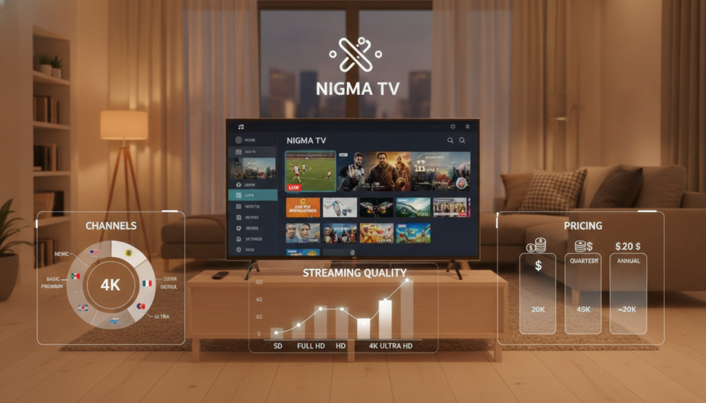 A visually engaging and informative image showcasing a comparison of IPTV packages, with a focus on NIGMA TV IPTV. The foreground features elegant charts, icons, and symbols representing various IPTV features like channels, streaming quality, and pricing. In the middle ground, illustrate a sleek digital device, such as a smart TV or tablet, displaying the NIGMA TV interface, showcasing its user-friendly layout and vibrant content. The background should consist of a cozy living room setting with soft, warm lighting, creating an inviting atmosphere for home entertainment. Use a wide-angle perspective to highlight the space, ensuring a balanced composition that invites viewers to explore the benefits of choosing NIGMA TV. The overall mood should feel modern, approachable, and focused on enhancing the streaming experience without any text or distractions.