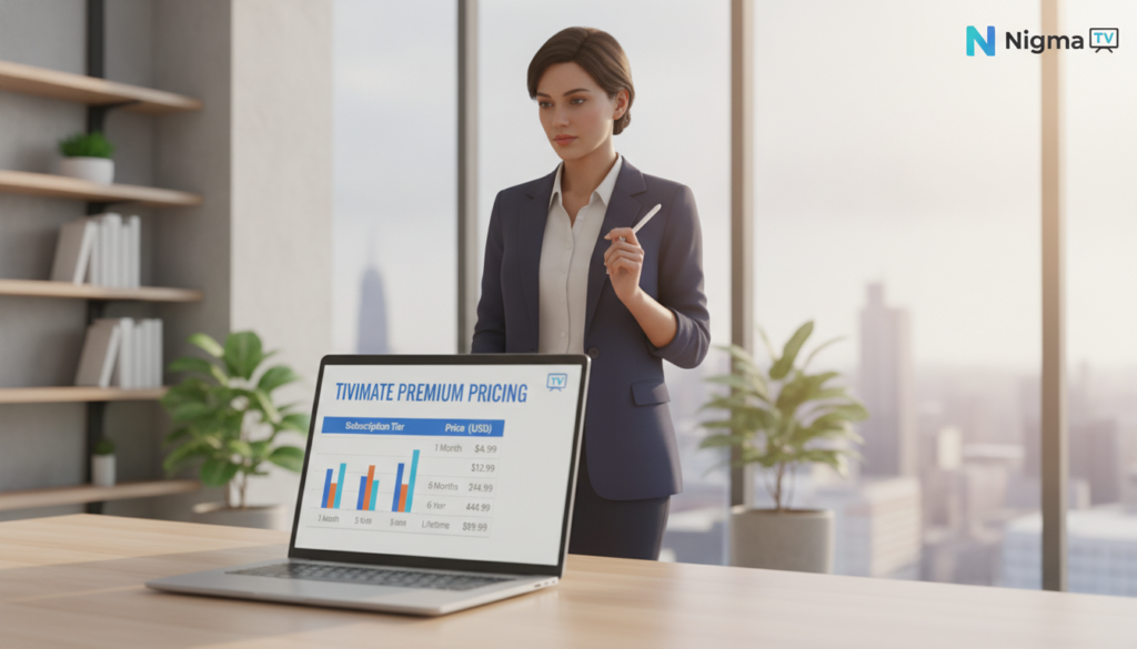 A visually engaging comparison graphic for "Tivimate Premium Pricing," set in a modern and professional environment. In the foreground, display a sleek laptop open to a colorful chart outlining different subscription options and pricing tiers for Tivimate Premium. In the middle, position a well-dressed businesswoman, analyzing the chart with a focused expression, her attire reflecting professionalism. The background features a stylish office setting with soft, natural lighting filtering through large windows. The atmosphere is insightful and productive, conveying a sense of informed decision-making. Ensure to incorporate elements related to the brand "Nigma TV," such as their logo subtly integrated into the design, while maintaining clarity and focus on the pricing information.