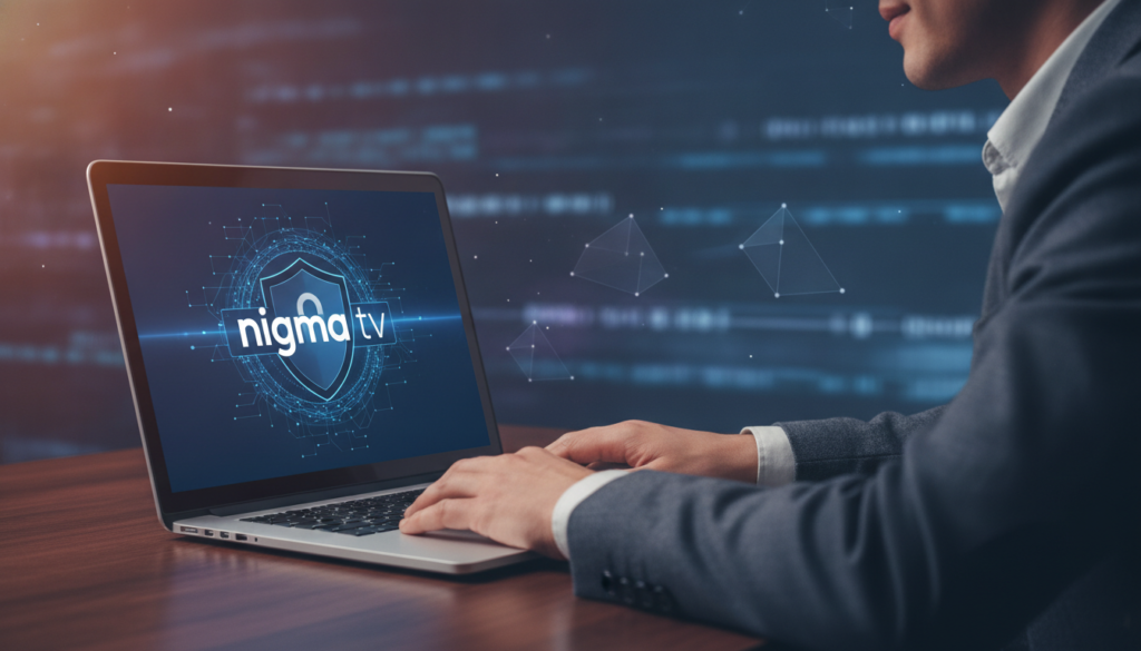 A visually engaging image symbolizing security and privacy in the context of an IPTV subscription. In the foreground, a stylish, modern laptop displays the logo "nigma tv" on the screen, surrounded by a shield icon featuring a lock, representing cybersecurity. In the middle layer, a well-dressed individual is seated at a sleek desk, engaging with the laptop, implying privacy and focused attention. Their expression conveys confidence and assurance. The background features abstract digital elements like streaming data and encrypted lines, creating a tech-savvy atmosphere. Use soft, warm lighting to add a professional yet inviting mood, with a slight focus blur on the background to emphasize the subject. The overall composition should evoke a sense of trust and safety in digital environments.