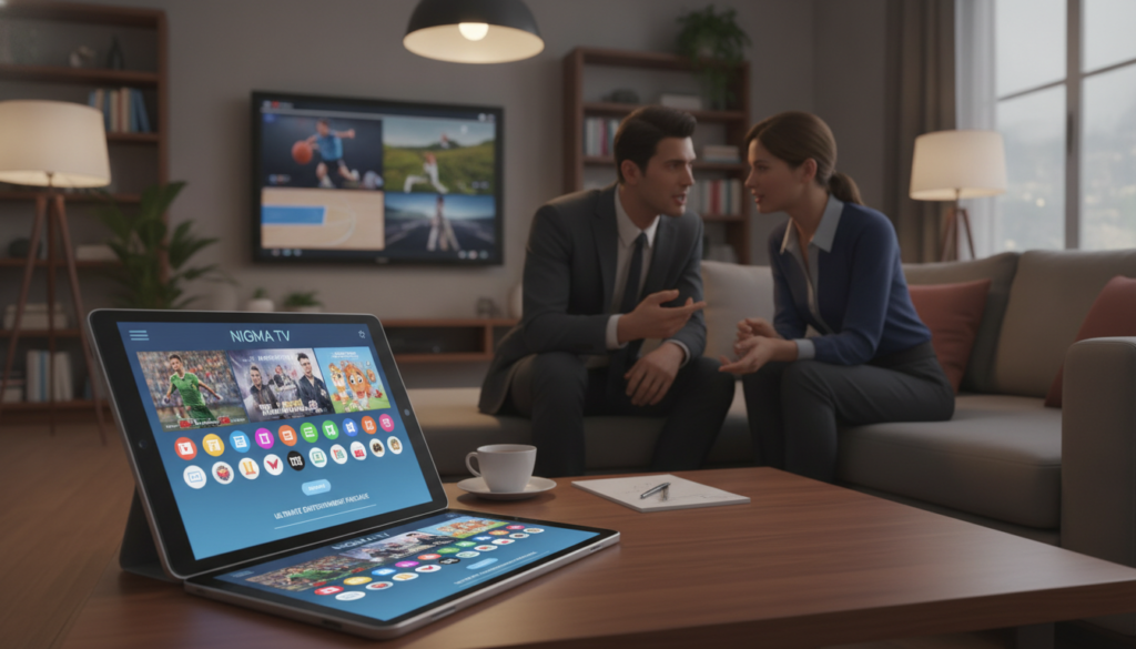 A visually striking and informative scene illustrating the concept of a "best IPTV subscription." In the foreground, a sleek tablet displaying the NIGMA TV IPTV interface, showcasing vibrant streaming options with clear icons and visual content. In the middle ground, a cozy living room setting with a comfortable sofa and a stylish coffee table, where a diverse group of two professionals in business attire are engaged in conversation about the IPTV service. The background features a large TV screen showing engaging content like movies or sports, with ambient lighting from stylish lamps casting a warm glow in the room. Use a shallow depth of field to highlight the tablet and the engaged professionals. The atmosphere is inviting and modern, reflecting a focus on entertainment and connectivity. ALT text: "Illustration of NIGMA TV IPTV subscription service with a diverse group discussing in a cozy living room."