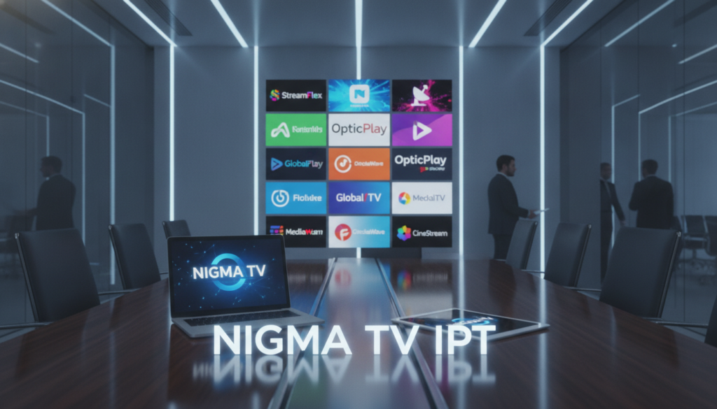 A visually striking comparison of top IPTV providers for 2024, featuring the brand name "NIGMA TV IPTV" prominently in the foreground. In the foreground, include a polished modern conference table with a sleek laptop and tablet displaying the NIGMA TV interface. In the middle, display vibrant digital screens showcasing different IPTV provider logos, such as a colorful collage of well-known services. The background features a high-tech office environment with futuristic lighting, subtle blue and white tones, and glass panels reflecting the digital screens. The atmosphere is professional and engaging, inviting viewers to explore the options. Capture this scene with a slightly elevated angle, using soft focus to draw attention to the screens while maintaining clarity in the foreground elements. Ensure the lighting is bright and appealing, highlighting the modern technology theme. A visually striking comparison of top IPTV providers for 2024, featuring the brand name "NIGMA TV IPTV" prominently in the foreground. In the foreground, include a polished modern conference table with a sleek laptop and tablet displaying the NIGMA TV interface. In the middle, display vibrant digital screens showcasing different IPTV provider logos, such as a colorful collage of well-known services. The background features a high-tech office environment with futuristic lighting, subtle blue and white tones, and glass panels reflecting the digital screens. The atmosphere is professional and engaging, inviting viewers to explore the options. Capture this scene with a slightly elevated angle, using soft focus to draw attention to the screens while maintaining clarity in the foreground elements. Ensure the lighting is bright and appealing, highlighting the modern technology theme.