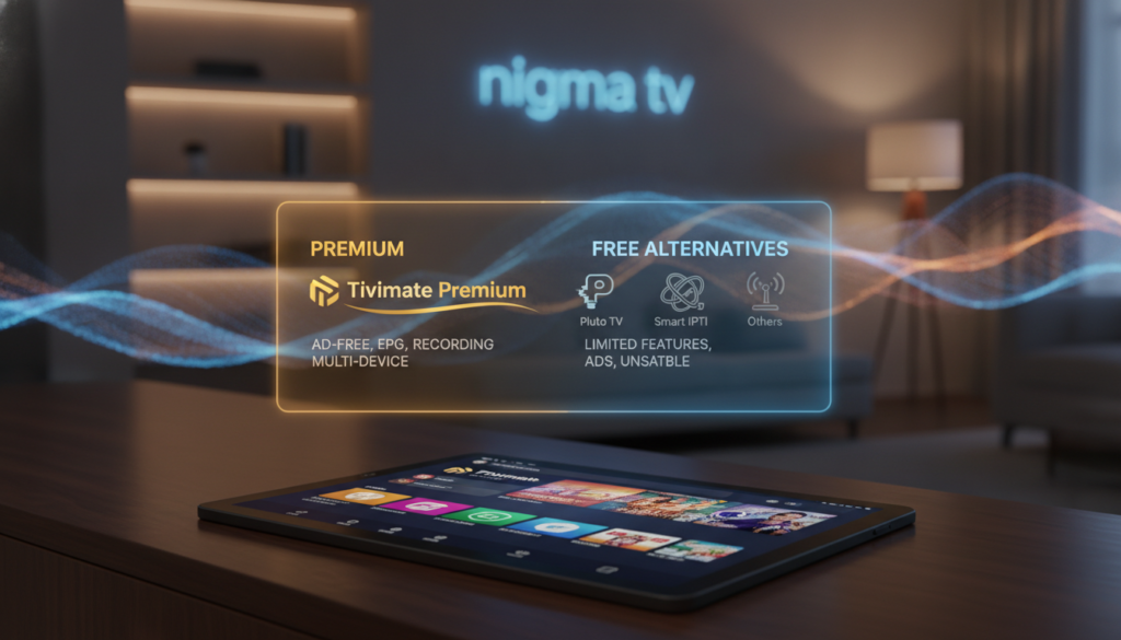 A visually striking composition illustrating the concept of "Tivimate Premium Subscription" contrasted with free alternatives. In the foreground, depict a sleek, modern digital device displaying the Tivimate user interface with vivid colors and smooth navigation, symbolizing high-quality streaming. In the middle ground, place a vibrant comparison graphic, featuring icons representing various free alternatives, subtly less appealing in design. The background should be an abstract representation of streaming services, with a soft focus to enhance depth, showcasing streaming waves or digital signals. Use warm, inviting lighting to convey a sense of premium experience. Capture the mood of technological advancement and user satisfaction, set in an elegant home entertainment environment. Include the brand name "nigma tv" elegantly incorporated into the design, reflecting professionalism and quality.