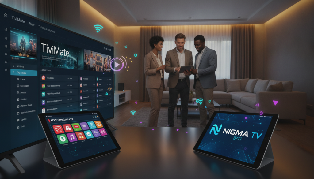 A visually striking digital collage that illustrates compatibility with leading IPTV applications like TiviMate and IPTV Smarters Pro. In the foreground, display sleek modern devices, such as a smart TV and tablets, showcasing the user interface of TiviMate and IPTV Smarters Pro in vibrant colors. The middle ground should feature a confident, diverse group of professionals in business attire, discussing IPTV services, surrounded by digital elements like Wi-Fi signals and streaming icons. The background should include a warm, inviting home entertainment setup, softly lit with ambient lighting to create a welcoming atmosphere. The scene represents connectivity and modern technology, with a subtle inclusion of the brand "NIGMA TV IPTV" on one of the screens. Capture the image with a wide-angle lens to emphasize the interaction and atmosphere, ensuring it conveys a sense of reliability and innovation. A visually striking digital collage that illustrates compatibility with leading IPTV applications like TiviMate and IPTV Smarters Pro. In the foreground, display sleek modern devices, such as a smart TV and tablets, showcasing the user interface of TiviMate and IPTV Smarters Pro in vibrant colors. The middle ground should feature a confident, diverse group of professionals in business attire, discussing IPTV services, surrounded by digital elements like Wi-Fi signals and streaming icons. The background should include a warm, inviting home entertainment setup, softly lit with ambient lighting to create a welcoming atmosphere. The scene represents connectivity and modern technology, with a subtle inclusion of the brand "NIGMA TV IPTV" on one of the screens. Capture the image with a wide-angle lens to emphasize the interaction and atmosphere, ensuring it conveys a sense of reliability and innovation.
