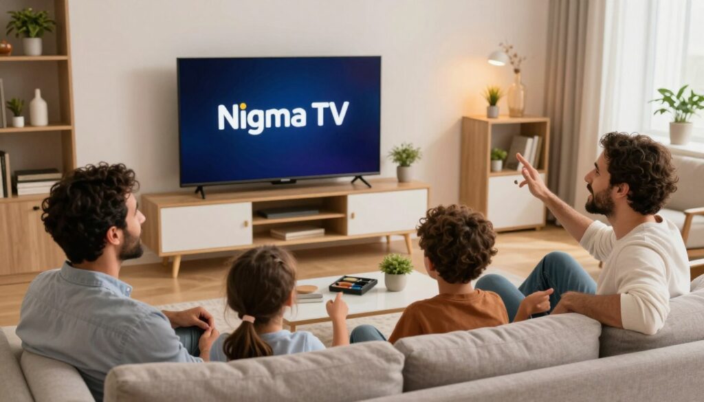 A vivid illustration of a modern living room showcasing a family enjoying IPTV on a sleek television, with a prominent logo of "Nigma TV" displayed on the screen. In the foreground, a diverse family of four—parents and two children—sitting comfortably on a stylish couch, dressed in casual but neat clothing, with excited expressions as they watch a show. The middle ground features a contemporary TV unit, surrounded by decorative elements like plants and bookshelves, enhancing the cozy home atmosphere. In the background, a well-lit room with soft, warm lighting enhances the inviting mood. The angle of the shot captures the vibrancy of the scene, focusing on the joy of family entertainment through IPTV in a modern environment, emphasizing warmth and connection.