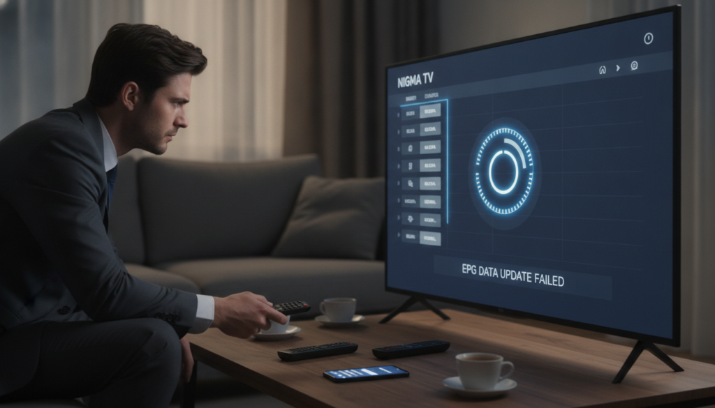 A vivid scene depicting a frustrated user troubleshooting Tivimate EPG issues on a sleek, modern TV screen. In the foreground, a person in professional business attire, looking intently at the TV, showing a furrowed brow. The middle ground features the TV screen displaying a glitchy EPG interface with missing program information, perhaps with a frozen loading symbol. The background is a stylish living room with soft ambient lighting, highlighting a coffee table cluttered with remote controls and a smartphone showing Tivimate settings. The atmosphere is tense but hopeful, suggesting a resolution is just around the corner. Incorporate subtle branding elements of "nigma tv" within the EPG interface for authenticity. A vivid scene depicting a frustrated user troubleshooting Tivimate EPG issues on a sleek, modern TV screen. In the foreground, a person in professional business attire, looking intently at the TV, showing a furrowed brow. The middle ground features the TV screen displaying a glitchy EPG interface with missing program information, perhaps with a frozen loading symbol. The background is a stylish living room with soft ambient lighting, highlighting a coffee table cluttered with remote controls and a smartphone showing Tivimate settings. The atmosphere is tense but hopeful, suggesting a resolution is just around the corner. Incorporate subtle branding elements of "nigma tv" within the EPG interface for authenticity.
