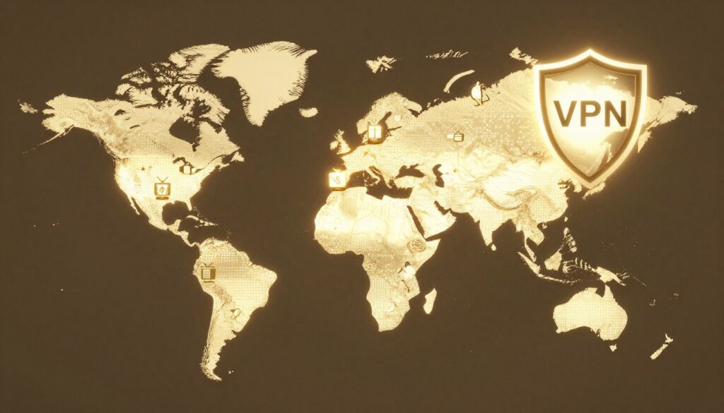 A world map glowing on a screen with icons of various TV stations popping up globally. A shield icon with a VPN label sits prominently in the corner, suggesting security and privacy. The design is sleek and gold-themed.