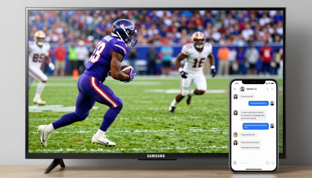 An American football game displayed on a high-definition Samsung Smart TV. The colors are vivid, and the motion is smooth. Next to the TV, a smartphone shows a chat window with a customer support representative responding quickly.