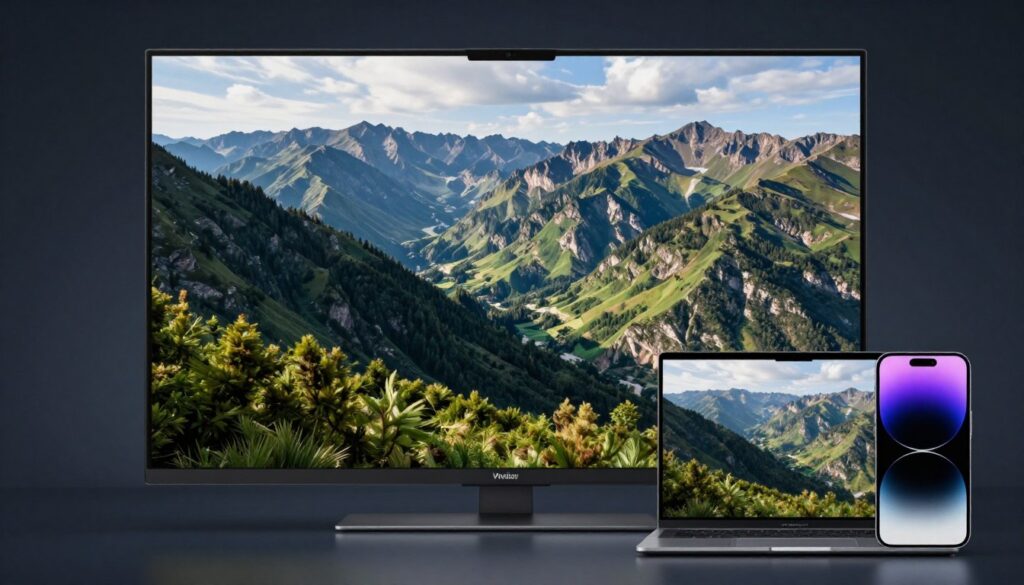 An ultra-high-definition 8K screen showing a breathtaking mountain landscape with intense detail. A Windows laptop and an iPhone are sitting nearby, both displaying the same high-quality video feed.