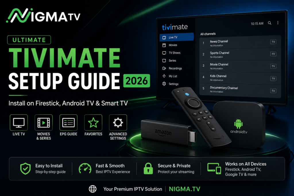 TiviMate Setup Guide showing IPTV installation on Firestick Android TV and Smart TV