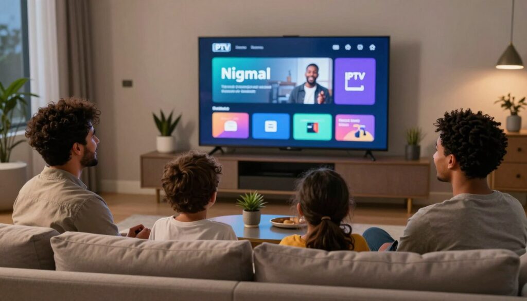 happy family watching nigma iptv together on large screen television