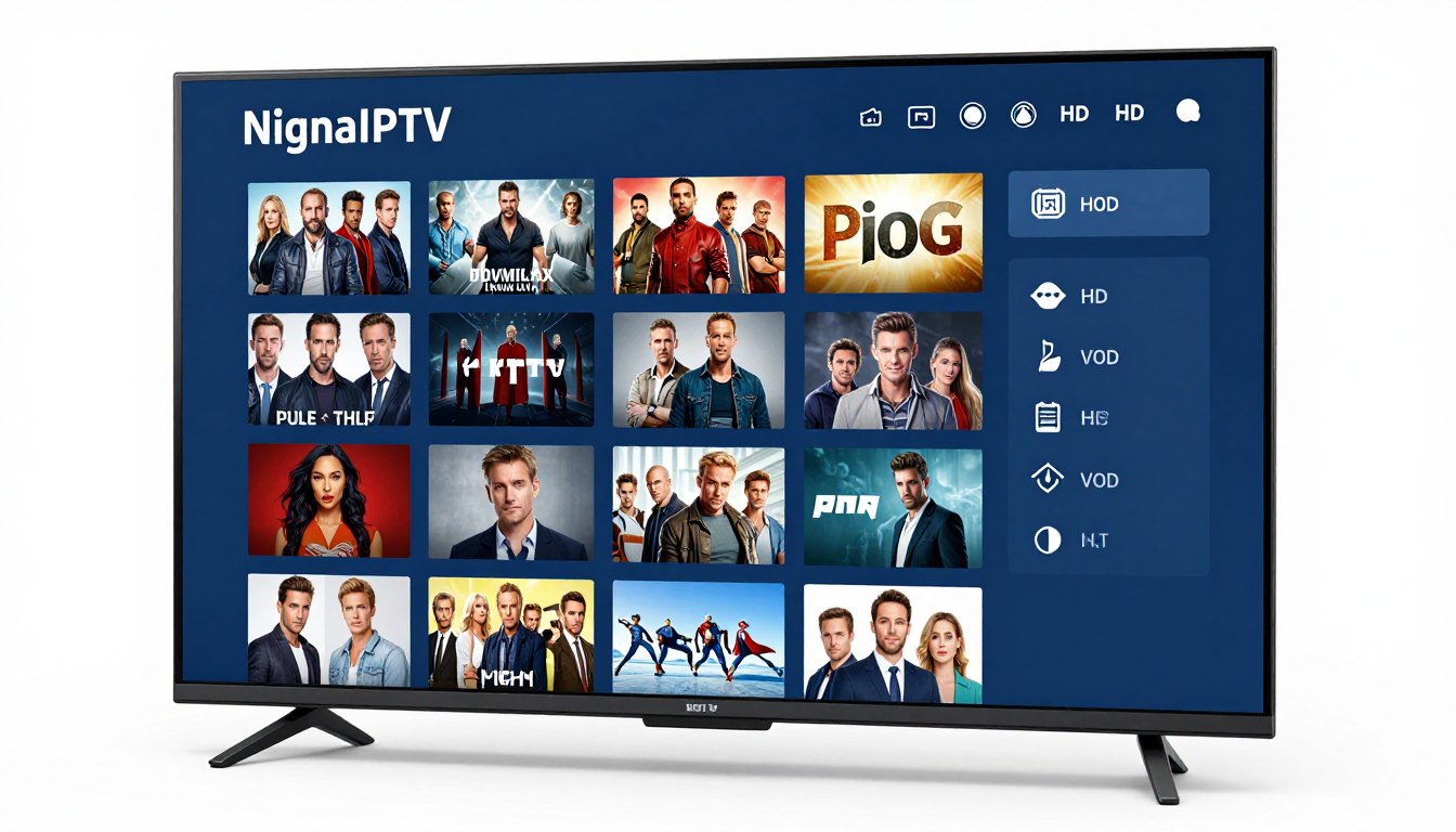 nigma iptv dashboard showing live channels and vod library on smart tv screen