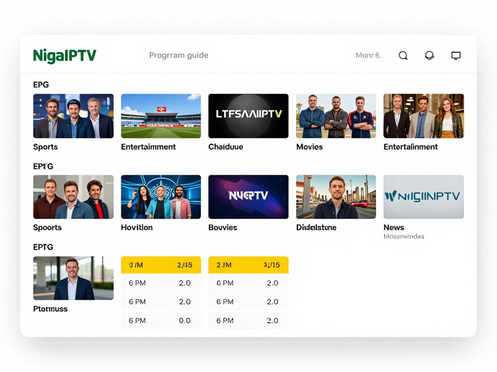 nigma iptv epg guide showing organized channel categories and program schedule
