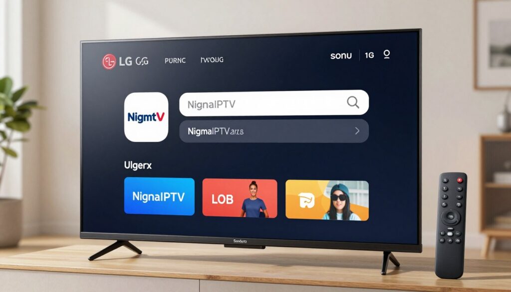 smart tv screen showing nigmatv iptv app installation from app store