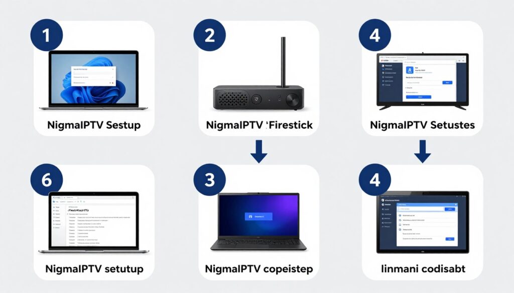 step by step visual guide showing nigma iptv installation process on firestick