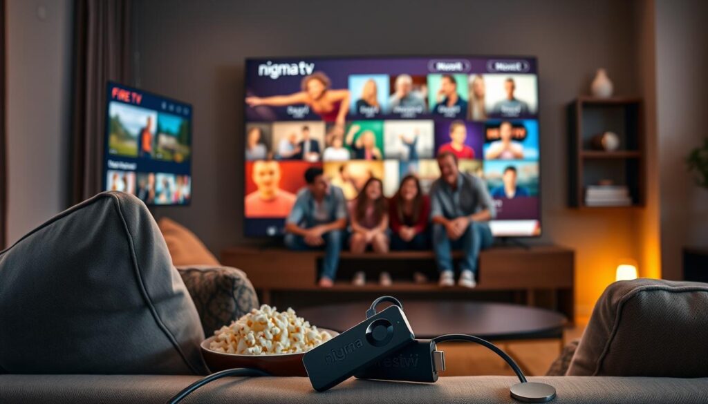 A cozy living room scene featuring a sleek Fire TV Stick plugged into a modern television, displaying colorful streaming content from "nigma tv". In the foreground, a comfortable couch is adorned with stylish throw pillows, and a bowl of popcorn rests on the coffee table. The room is warmly lit, with soft ambient lighting enhancing the inviting atmosphere. In the middle ground, a family of four, dressed in casual attire, joyfully engages with the TV, reflecting a sense of excitement and bonding as they watch their favorite shows. In the background, shelves showcase a few decorative items, subtly creating a homely environment. The camera angle is slightly tilted upward, capturing the lively interactions while emphasizing the captivating screen, all while maintaining a focus on optimizing a high-quality streaming experience.