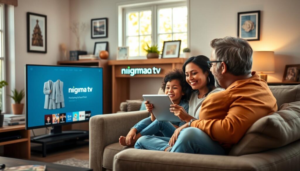 A cozy living room scene showcasing a diverse American family gathered around a smart TV displaying the nigma tv logo. In the foreground, a middle-aged couple of different ethnic backgrounds sits comfortably on a modern couch, both dressed in casual, modest clothing, smiling as they select on-demand content on the TV. In the middle, a child joyfully plays with a tablet, reflecting the accessibility of IPTV for younger audiences. The background features cozy decor, a window with warm afternoon sunlight pouring in, and a few framed pictures that represent family moments. The atmosphere is warm and inviting, symbolizing togetherness and choice in viewing options for different households.